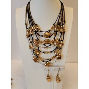 Dell'Olio Multi-Strand Necklace & Earrings Set Gold Tone Stones & Black Cord